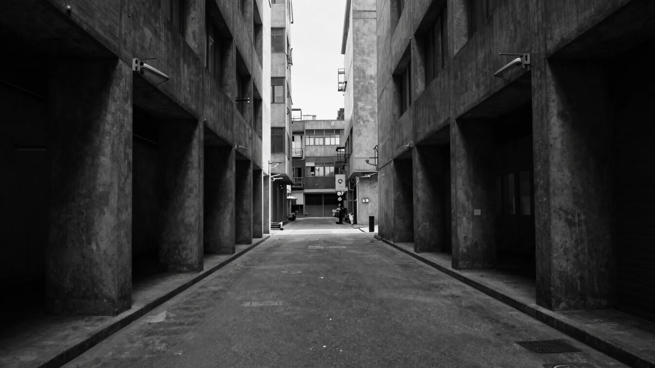 Monochrome wide shot of an urban alleyway framed by tall concrete