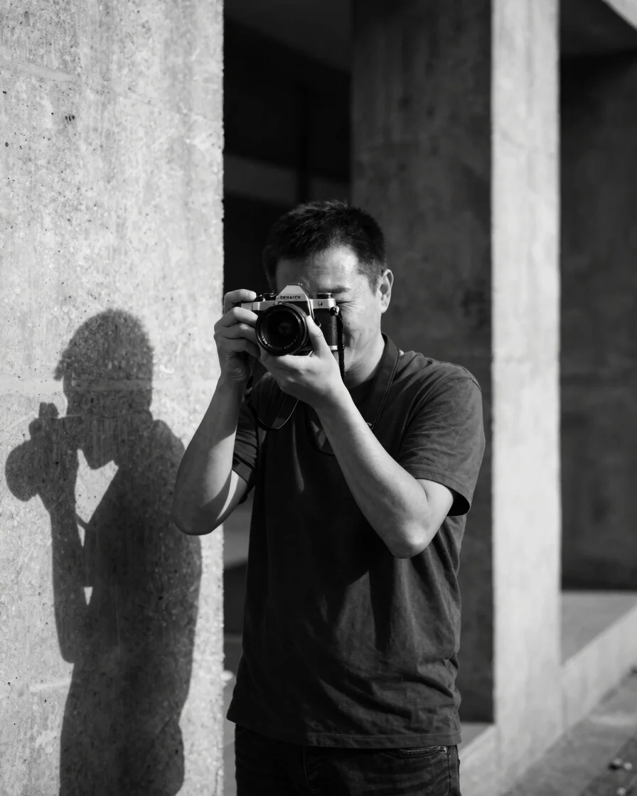 Monochrome portrait of a street photographer holding a 35mm camera against a concrete architectural wall with strong dir