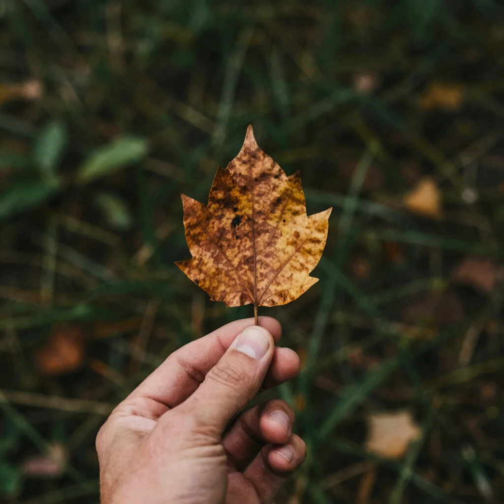 Close-up of a hand holding a single fallen leaf, soft natural light, 35mm lens